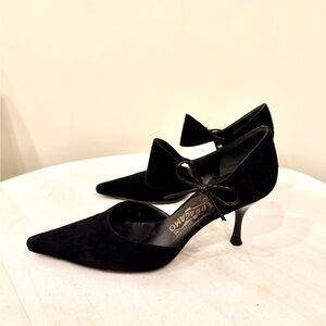 Salvatore Ferragamo Black Suede Heels with Bow Detail